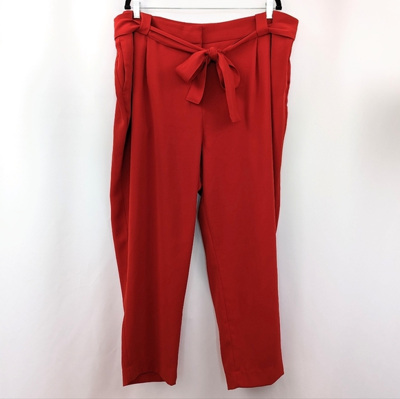 H&M Crepe Cropped Ankle Pants Waist Sash Tie Trousers Zip Front Dressy Red XXL - Picture 1 of 11